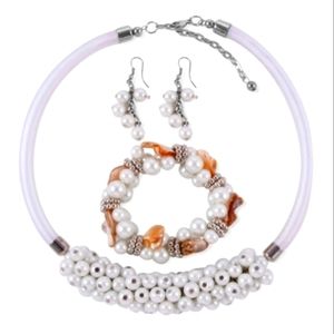 STAINLESS STEEL PEARL AND SHELL NECKLACE BRACELET AND EARRING SET